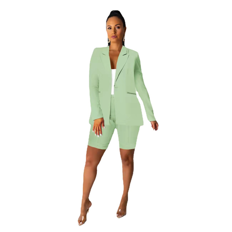 Blazer a maniche lunghe in tinta unita, stile semplice, pantaloncini casual alla moda, primavera e autunno 2023 da donna_voghion.com