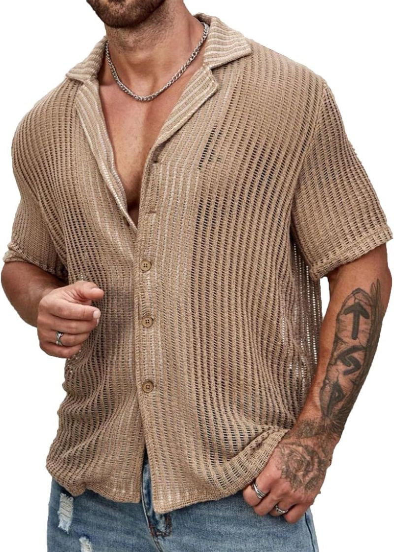 Vêtements d'été pour hommes, chemise décontractée en tricot, ajouré, respirant, manches courtes, revers, vêtements à la mode pour hommes_voghion.com
