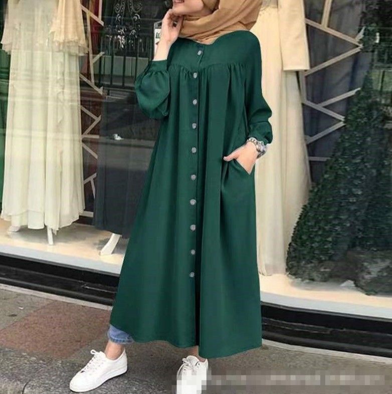 Women's clothing Muslim new solid color long sleeved shirt dress casual pocket robe_voghion.com