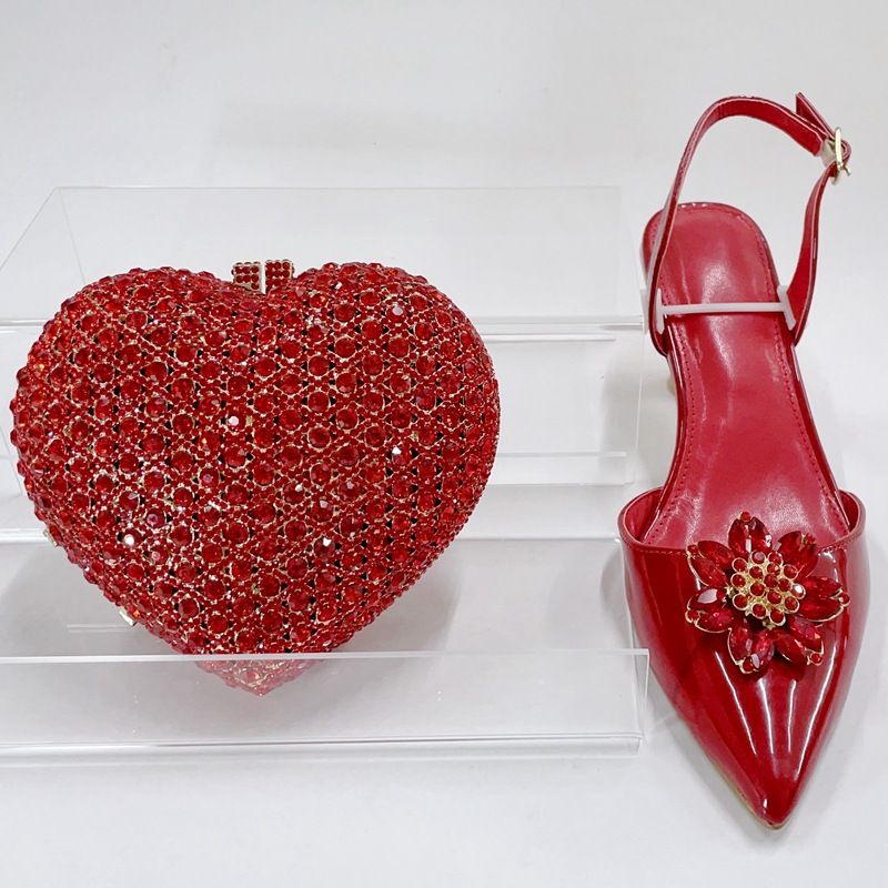 Women's High Heeled Sandals With Stilettos And Pointed Toes, Crystal Glass Flower High Heeled Sandals, Red Bridal Party Bag_voghion.com