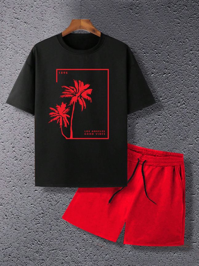 Herrenbekleidung Herren Casual Urlaub Sommer Kurzarm Shorts Anzug Kokosnussbaum Druck_voghion.com