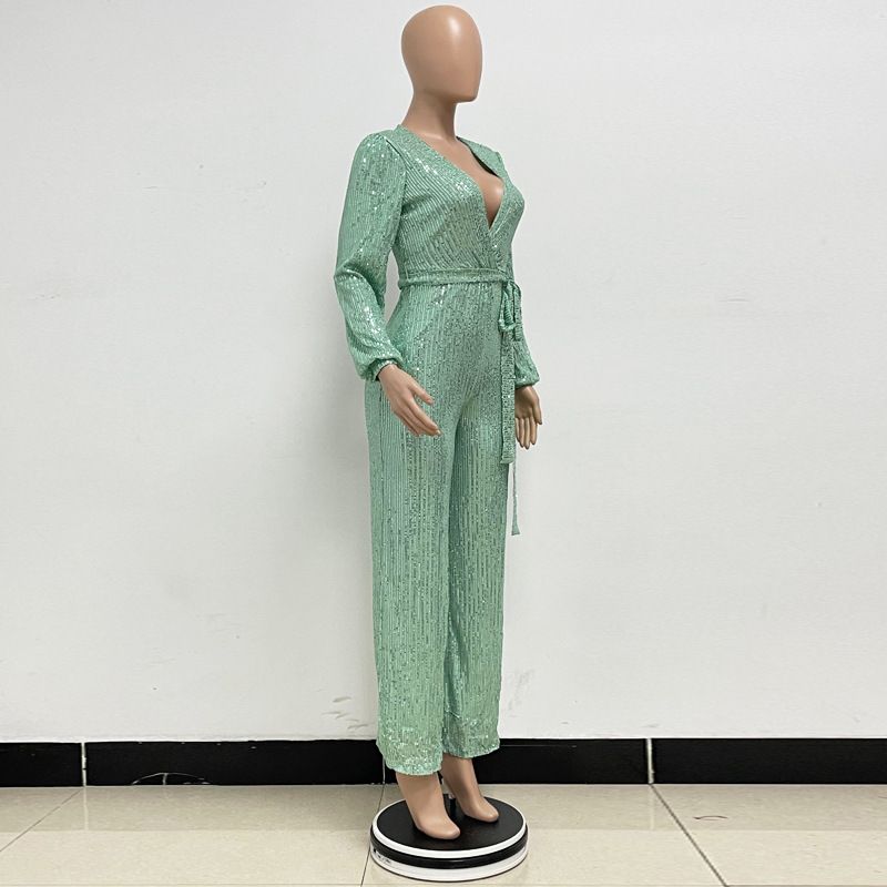 Damkläder Ins Style Deep V Mode Casual Jumpsuit Långärmat Bälte Paljett Jumpsuit Dam_voghion.com