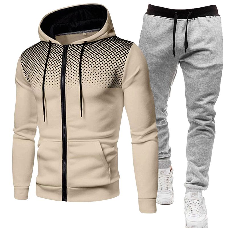 Autumn Winter Fleece Polka Unisex Sports Hoodie Dot Men Solid Color Zipper Sweatshirt Sweatpants Set_voghion.com
