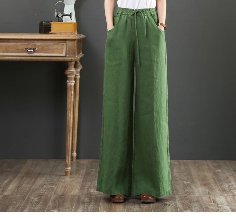 2023 Spring Summer Korean Cotton Loose Plus Size Wide Leg High Waist Floor-Length Straight Linen Women's Pants_voghion.com