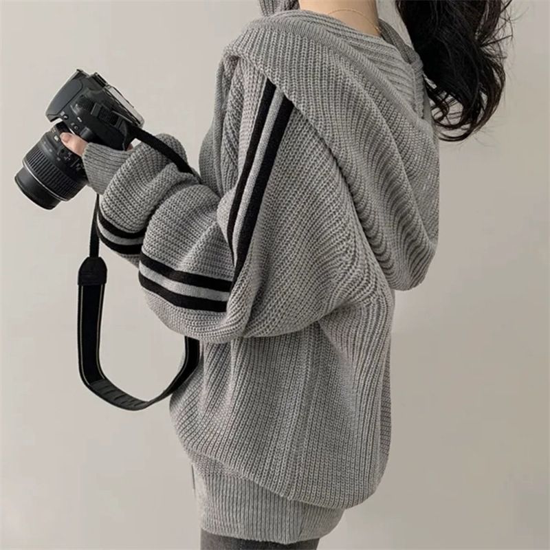 Women's Clothing Autumn Winter Minimalist Elegant Drawstring Hooded Oversized Long Sleeve Sweater Coat For Petite - Striped, Loose Fit, Polyester_voghion.com