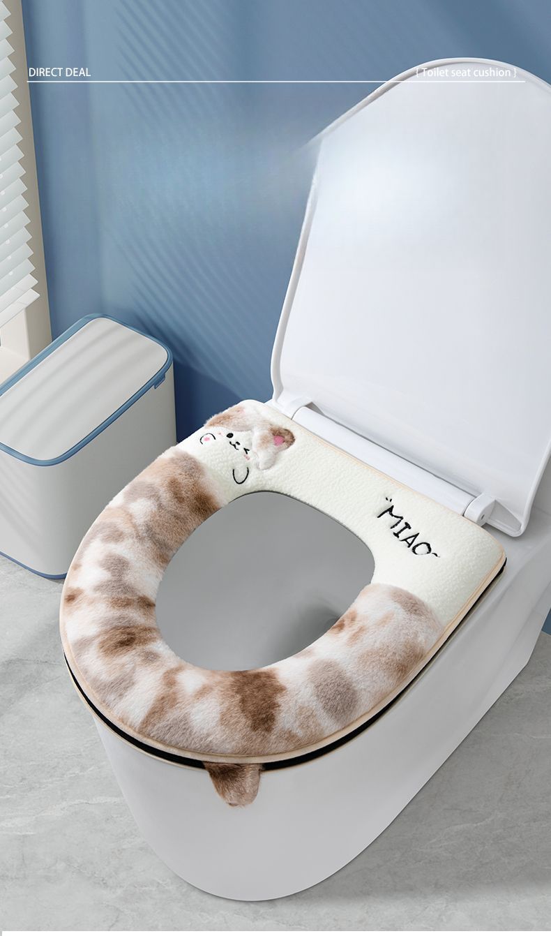 Coussin de siège de toilette épais en peluche avec anneau de fermeture éclair et motif dessin animé, universel pour l'automne et l'hiver_voghion.com
