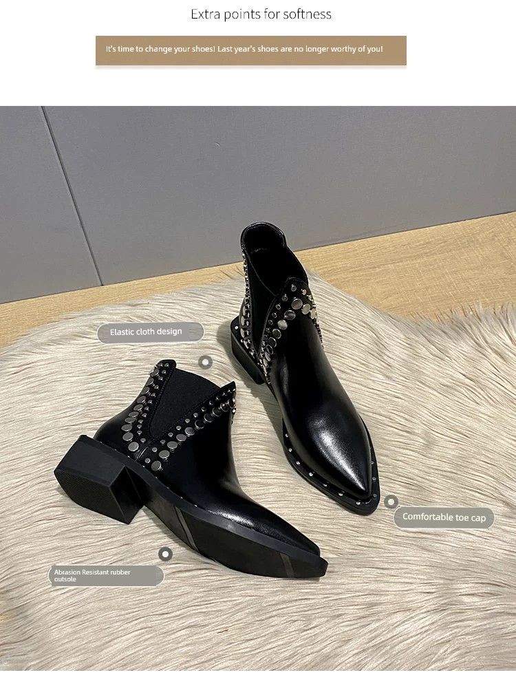 Stivaletti alla caviglia snellenti con tacco grosso e rivetti, punta affilata, per autunno e inverno_voghion.com