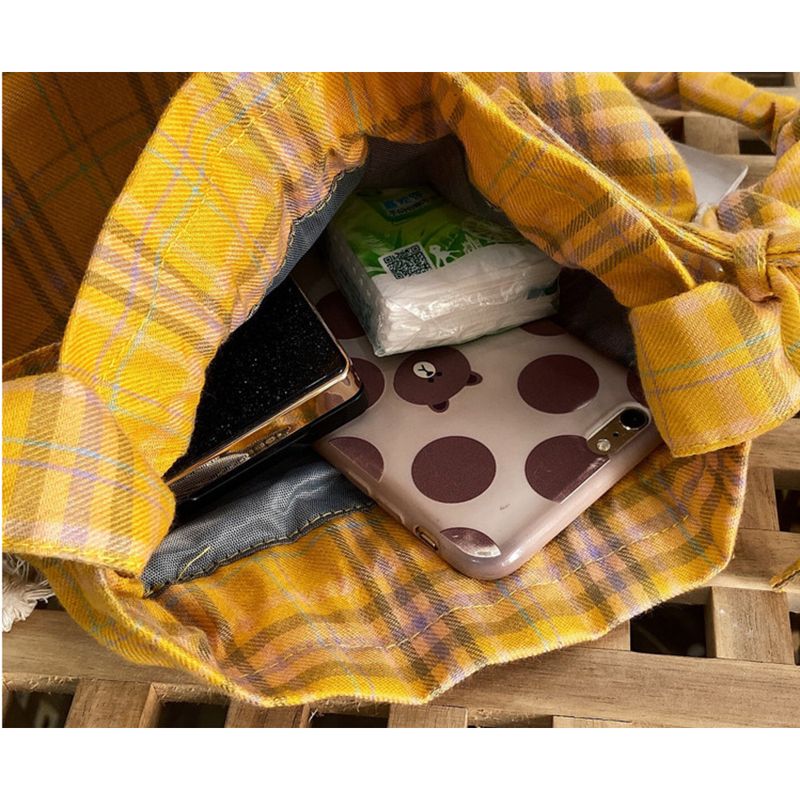 2024 Girls' Leisure New Crossbody Bag Checkered Canvas One Shoulder Bucket Bag Drawstring_voghion.com