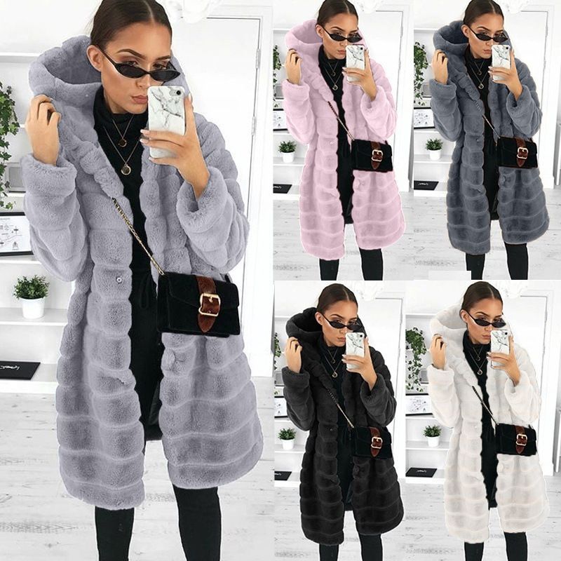 Nuovo cappotto largo in pelliccia di coniglio con cappuccio e tasche laterali per donna, autunno/inverno_voghion.com