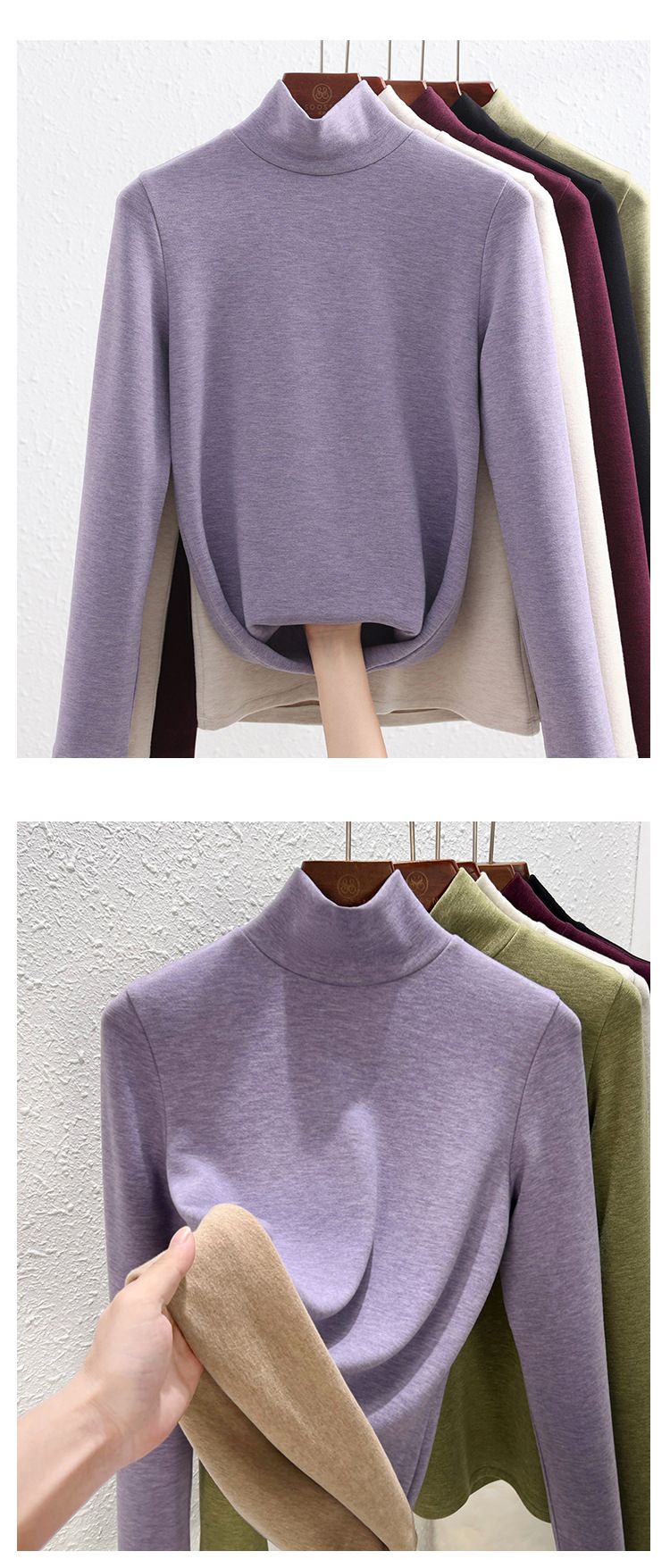 Haut à col roulé thermique en cachemire et soie pour femme - Doublure polaire douce - Manches longues chaudes pour l'hiver (options col haut/milieu/montant)_voghion.com
