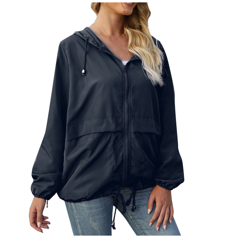 Mode damer i enfärgade långärmad vindjacka utomhusjackor Regnjacka med huva vindtät kappa Ytterkläder_voghion.com
