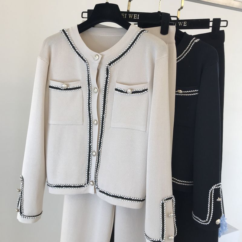 Kadın moda yuvarlak boyun örme hırka üst geniş bacak pantolon iki parçalı set_voghion.com