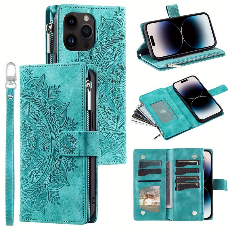 PU Leather Cover with Zipper Card Slots, Magnetic Wrist Strap, and Multiple Card Holders for 15, 14, 13, 12, Mini, 11, Pro, X, XS, Max, XR, 8, 7, SE_voghion.com