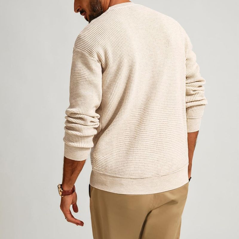 Men's Waffle Knit Sweater – Breathable Textured Pullover With Relaxed Fit For Casual Comfort_voghion.com