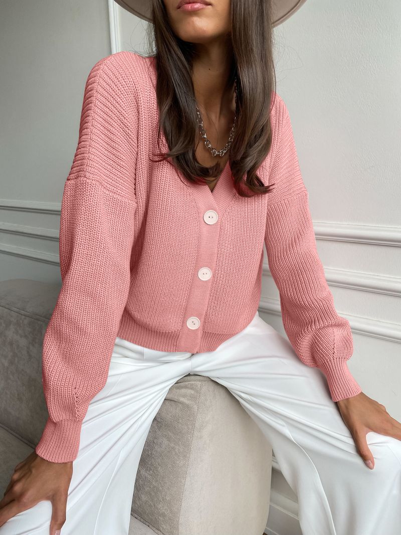 Damenbekleidung Herbst- und Winter-Strickjacke, einreihig, einfarbig, gestrickt, Unterhemd, Temperament, Pendlerpullover, Pullover, Damen_voghion.com