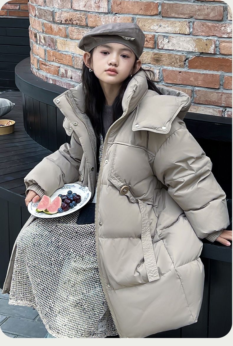 Cappotto invernale in stile coreano per bambine – Piumino lungo con piumino d'anatra bianco al 90% (nero/rosa/kaki, 5 taglie, trendy e caldo)_voghion.com