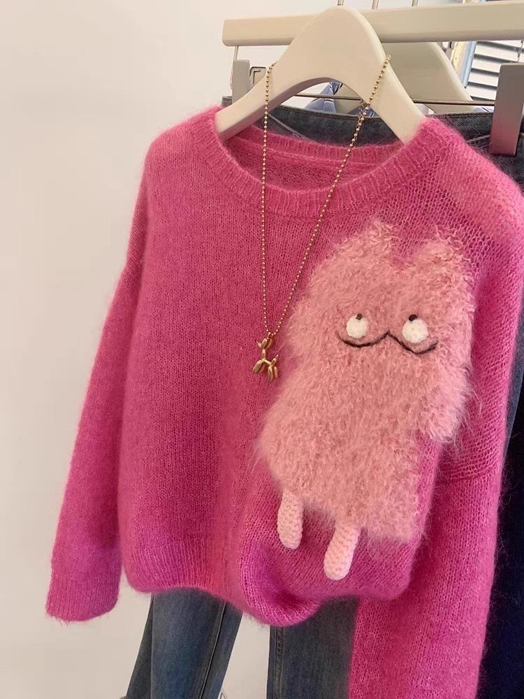 Girl Niche Himbeerrosa Pullover für Damen, Herbst 2024, lässiger Stil, lockere Passform, sanfte Ausstrahlung, Strickoberteil_voghion.com