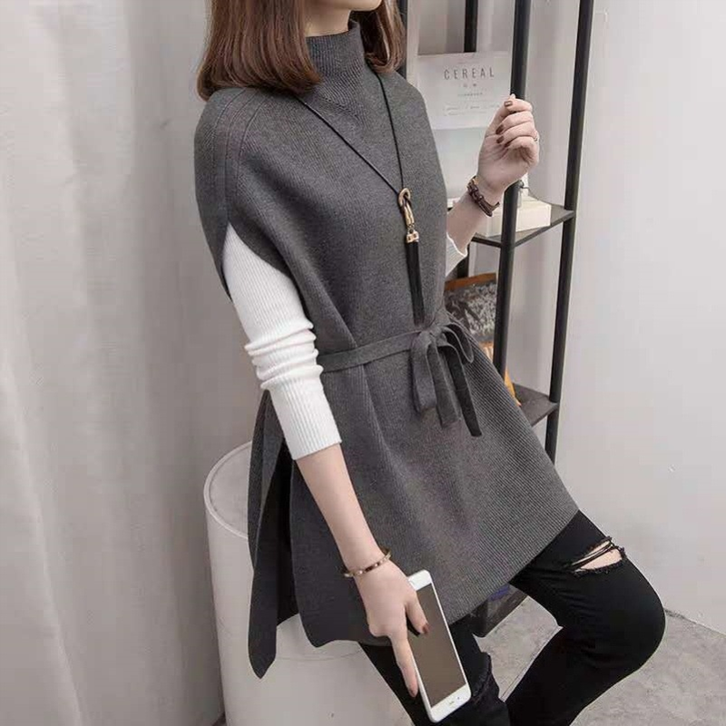 Half High Collar Mid-Length Vest For Women 2024 Spring New Loose Sweater Outerwear Stylish Pullover Knitted Top_voghion.com