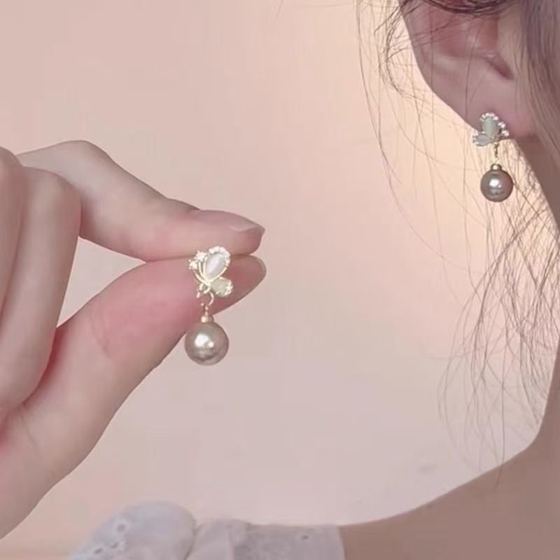 Eleganti orecchini a bottone in oro champagne con perle per donna con ago in argento, design di nicchia, orecchini a farfalla con pietra occhio di gatto dal temperamento squisito_voghion.com