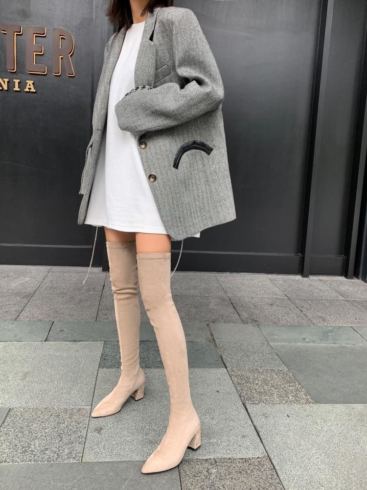 Overknee-Stiefel mit großem Bein, langem Blockabsatz, spitzem Bein und Wickeldesign sowie elastischen Stiefeln mit mittelhohem Absatz für Damen_voghion.com