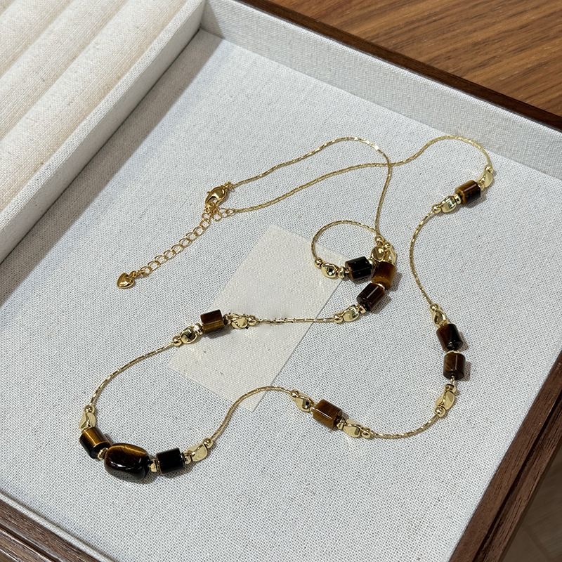 Collier Maillard en perles rondes œil de tigre pour femme, tendance automne-hiver, chaîne de pull polyvalente, niche_voghion.com