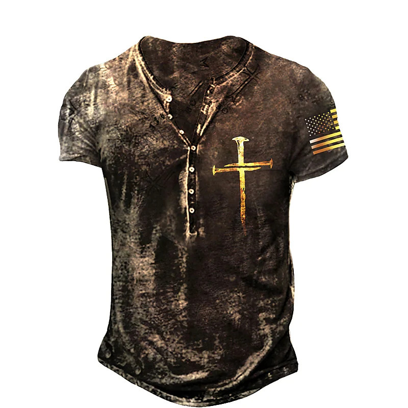 Unbeatable Quality Summer Men's Digital Printed Asian Cross Pattern Henry Shirt With 7 Button Slim Fit Short Sleeves_voghion.com