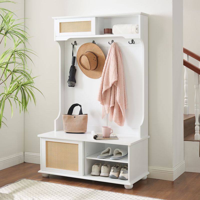 Clothes Hanger Hall Tree Storage Bench Shoe Rack For Entryway, Hall Tree With Bench And Shoe Storage, Hall Tree Entryway Bench With Rattan Door White, 40.16"W*18.58"D*64.17"H_voghion.com