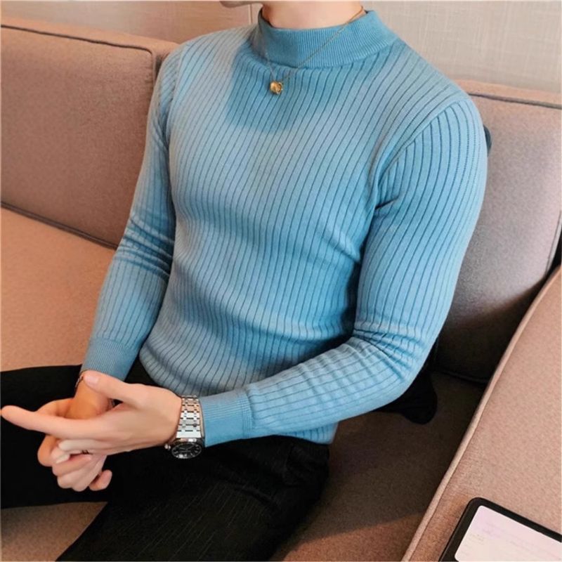 Nuovo maglione semi-alto da uomo, maglione lavorato a maglia a righe elastiche slim fit, maglione a tinta unita con collo medio per autunno e inverno_voghion.com