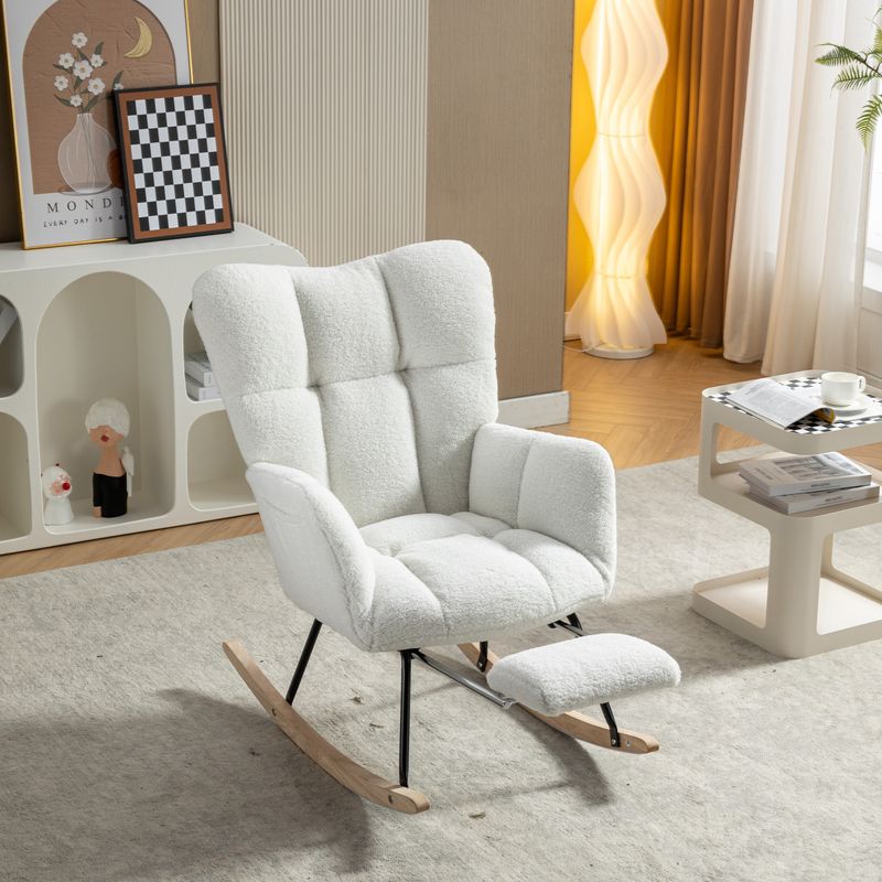 009B Fauteuil à bascule rembourré en tissu tissé Teddy blanc avec pouf dissimulé_voghion.com