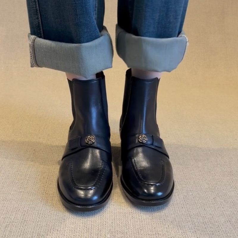 Genuine Leather Short For Women Spring And Autumn Single Elegant Chunky Heel Camellia British Style Martin Boots_voghion.com