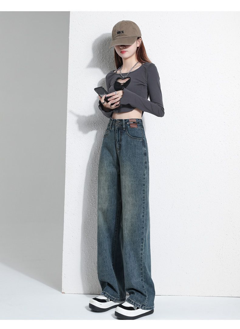 Retro-Jeanshose mit weitem Bein, lockere, gerade Hose 2025, neue hoch taillierte, hüftumwickelte und dünne Hose mit kleinem Wischdesign_voghion.com
