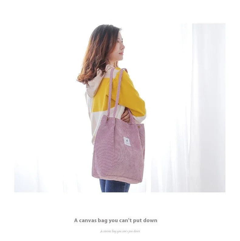Nuova borsa a tracolla in velluto a coste per donna, borsa versatile in tessuto di cotone, borsa per la spesa ecologica tinta unita 2022, riutilizzabile da donna_voghion.com