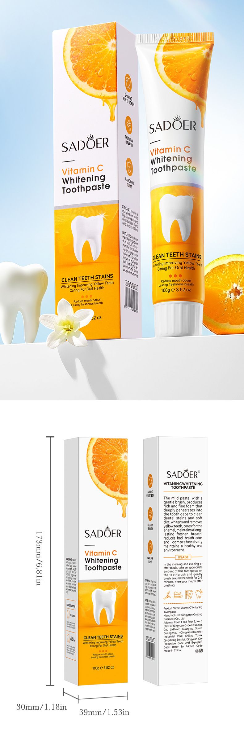 Toothpaste SADOER Vitamin C Whitening Toothpaste 100g Fresh Breath Remove Bad Breath Toothpaste Volkswagen Ladies Toothpaste_voghion.com
