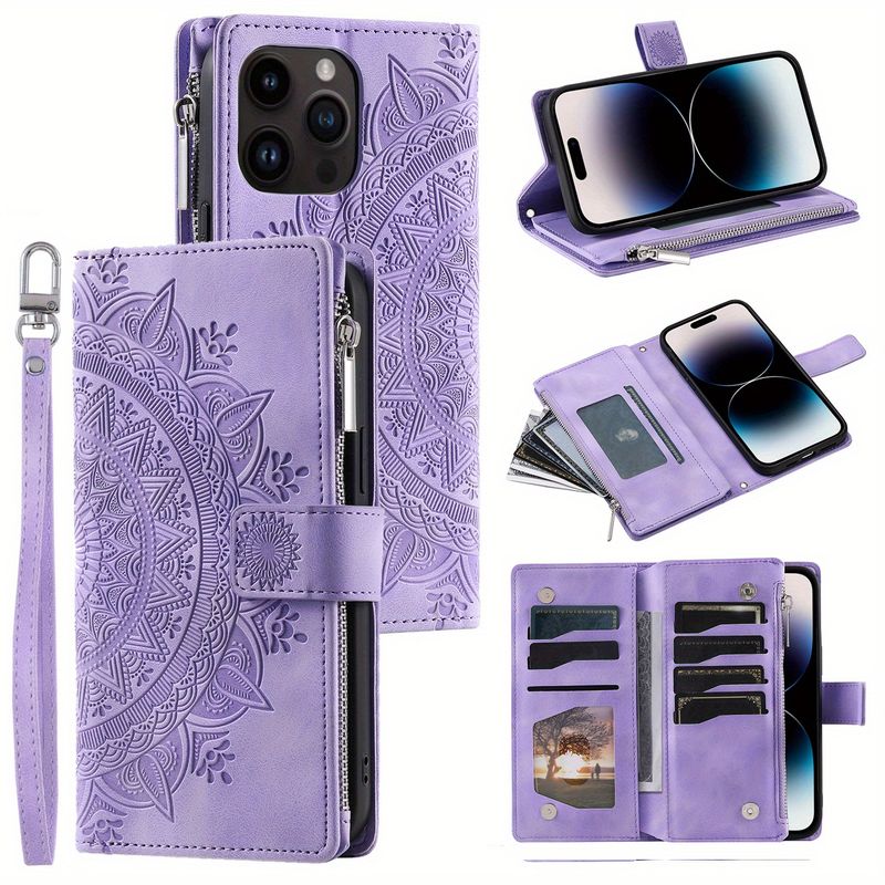 PU Leather Cover with Zipper Card Slots, Magnetic Wrist Strap, and Multiple Card Holders for 15, 14, 13, 12, Mini, 11, Pro, X, XS, Max, XR, 8, 7, SE_voghion.com