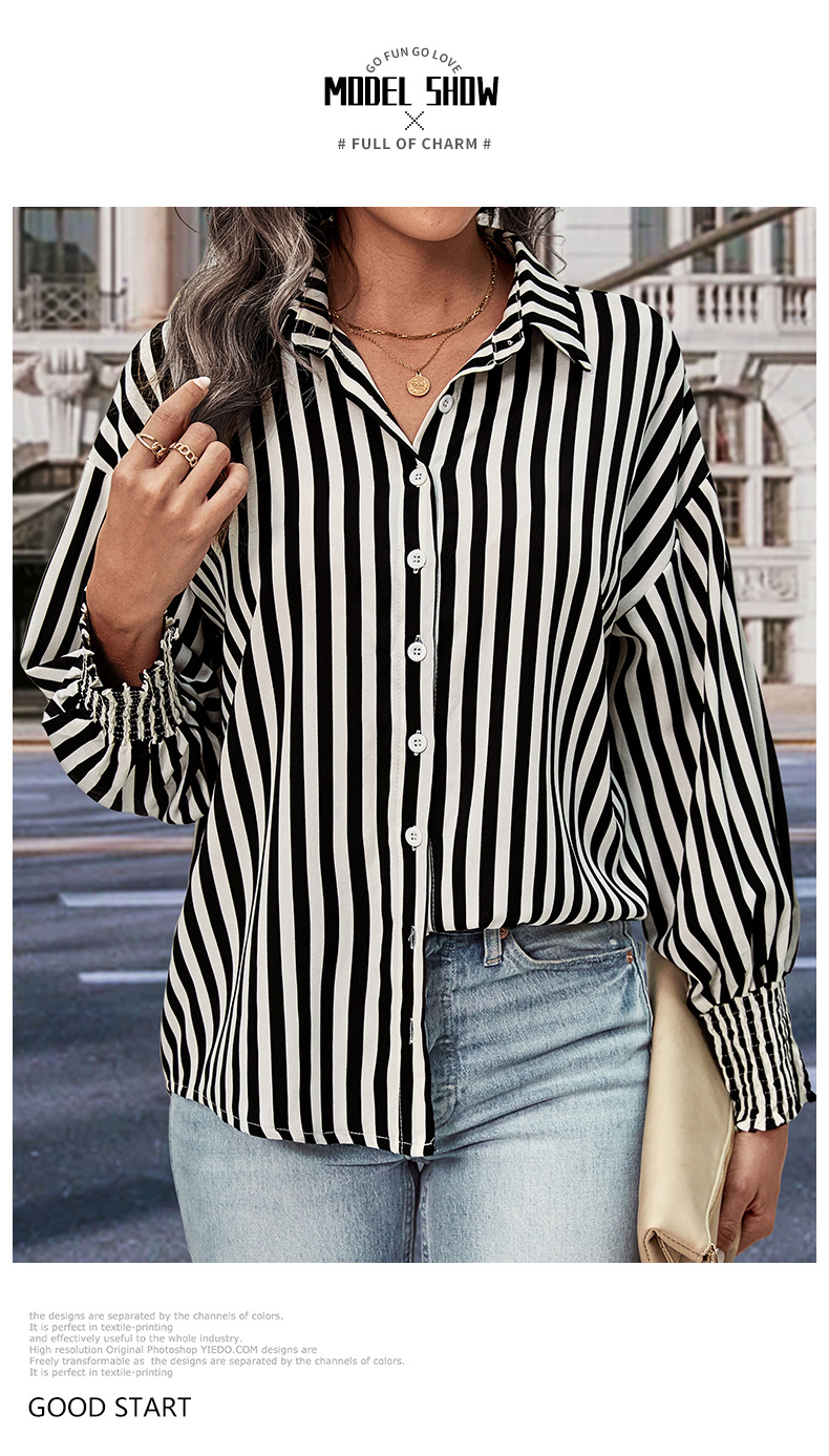 Top da donna Camicia a righe bianche e nere a maniche lunghe_voghion.com