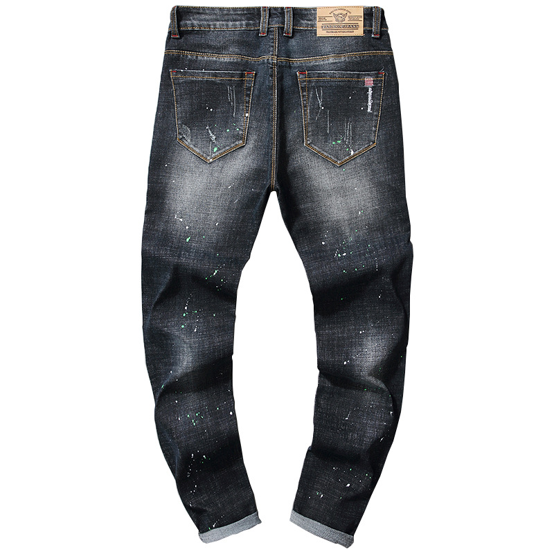 Men's Slim Fit Stretch Jeans – Distressed Embroidered Straight-Leg Denim Pants With Paint Splatter & Patchwork (28-38)_voghion.com