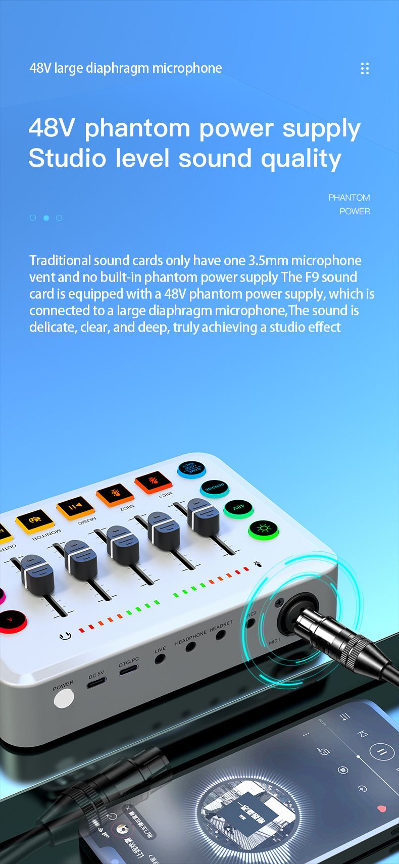 Zvočna kartica za snemanje angleškega petja F9, vse platforme, dinamični kondenzatorski mikrofon, 48V mikrofon_voghion.com