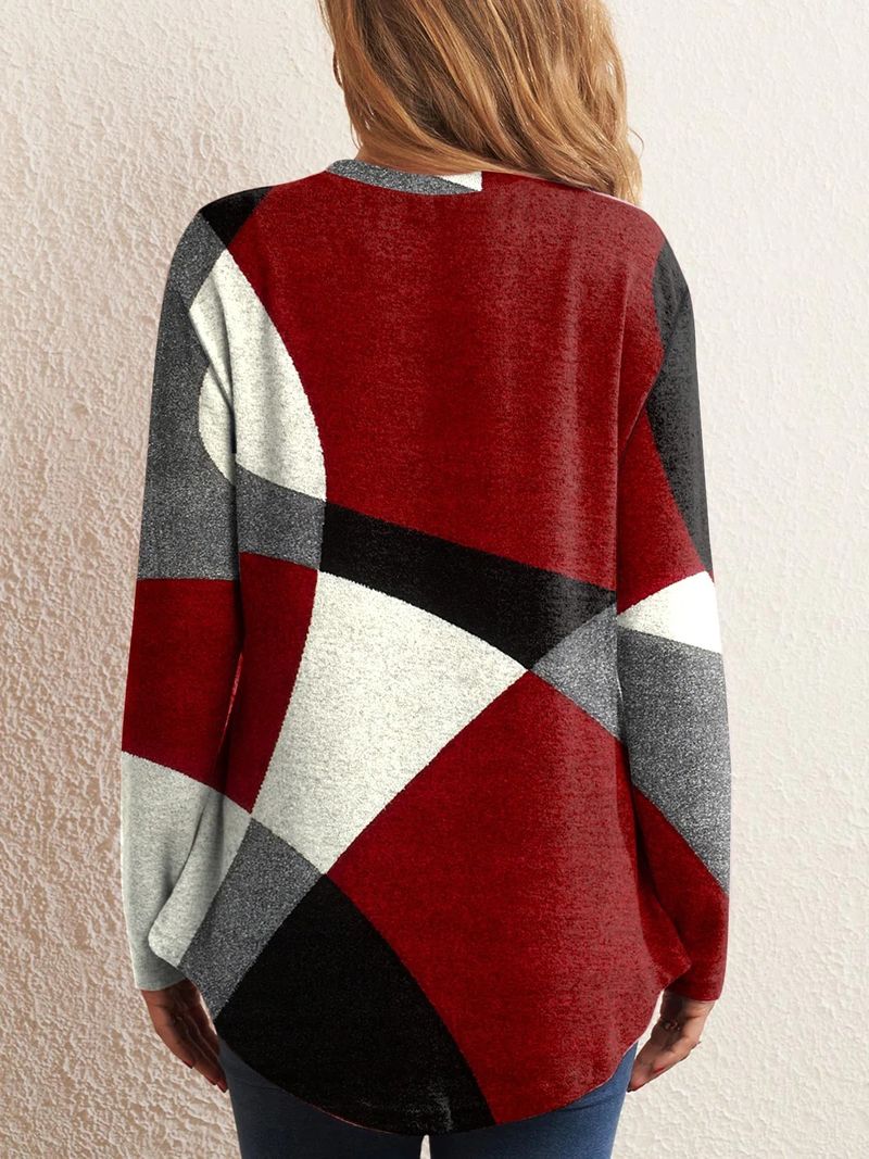 T-shirt ampia stampata a maniche lunghe con bottoni geometrici a contrasto_voghion.com