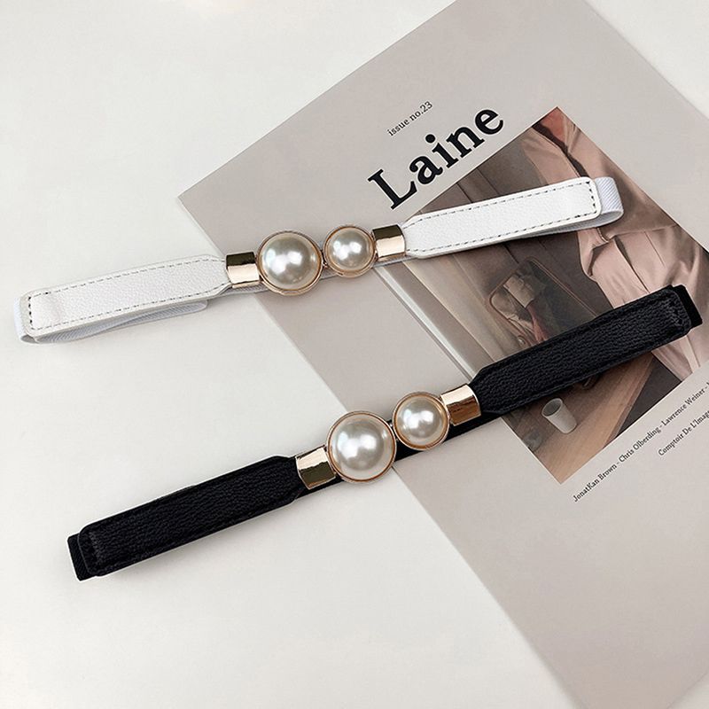 HOT Fashion Double Pearl Black Red White PU Leather Skirt Waist Elastic Thin Belts Waistband Women Belt for Dress_voghion.com