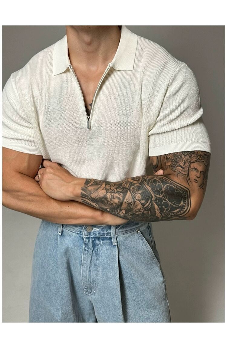 Polo da uomo in maglia con mezza cerniera, felpa a maniche corte tre quarti elasticizzata slim da uomo, maglietta in seta fresca con risvolto e maniche strette_voghion.com