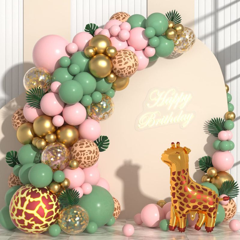 Tema giungla retrò verde rosa palloncino in lattice catena ghirlanda arco decorazione festa di compleanno per bambini scena layout_voghion.com