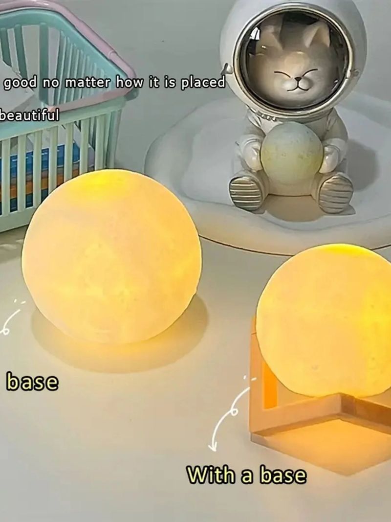 Moon Lamp With Bracket, Suitable As A Gift For Friends And Lovers, White Spherical Moon Lamp With Wooden Frame Base_voghion.com