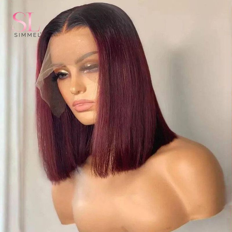 Hetsäljande T1B/99j Bury Red Rakt Bob T-del Lace Front Människohår För Kvinnor Färgat Brasilianskt Remy Hår Limfri Naturlig Peruk_voghion.com
