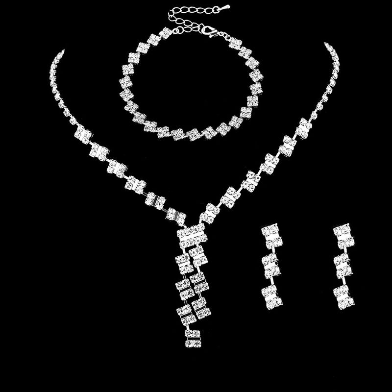 Diamond Clavicle Necklace Set - Elegant 3-Piece Jewelry For Evening Dress & Wedding (Necklace, Earrings & Bracelet)_voghion.com