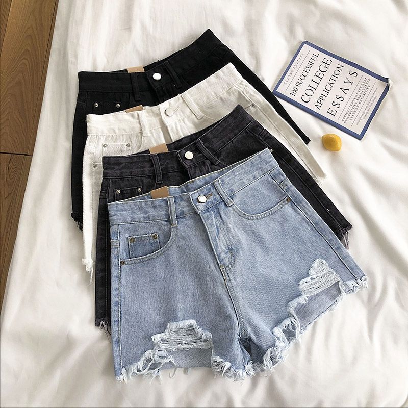Women's Clothing Light Colored Denim Shorts Women's High Waisted Light Wash Denim Shorts With Distressed Hem & Ripped Details - Stretchy Comfort Fit_voghion.com