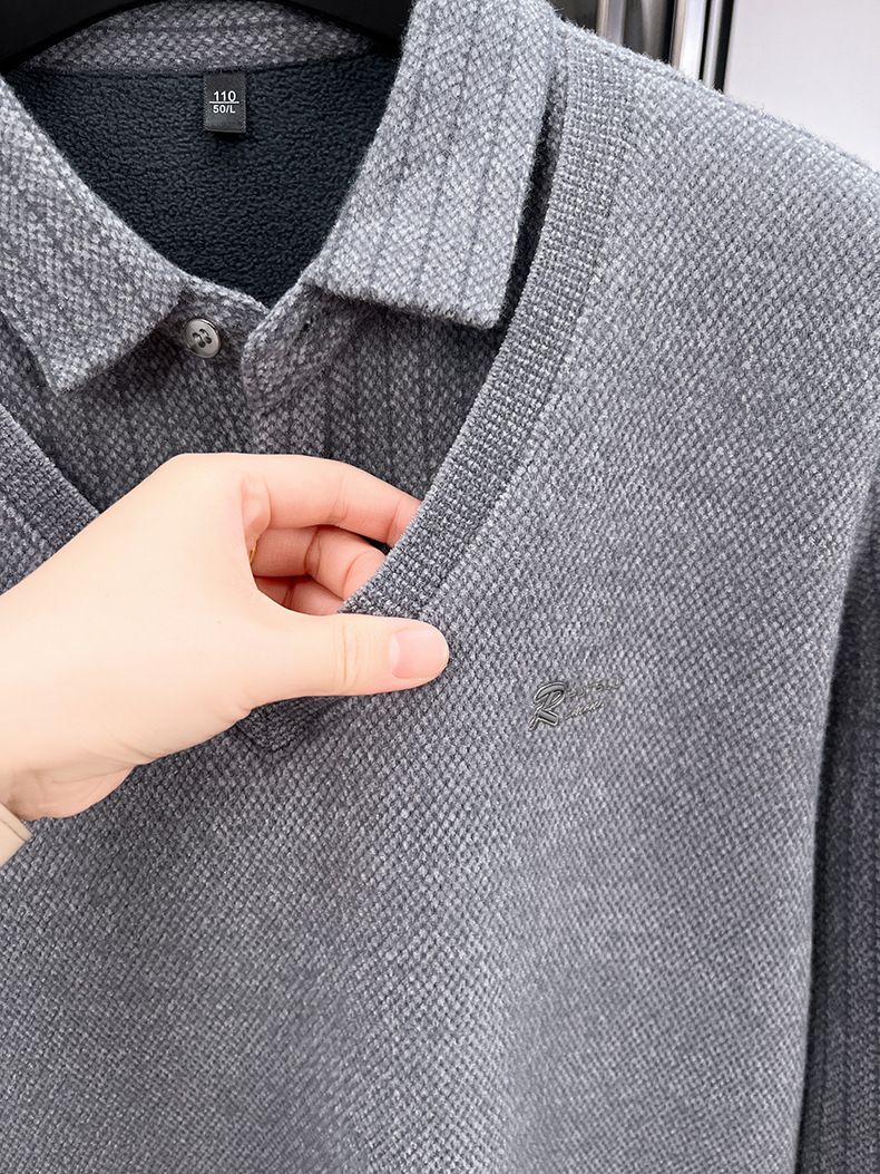 Men's Fake Two-Piece Turn-Down Collar Thickened Sweater Winter New Fleece-Lined Warm Middle-Aged Base Knitwear Top_voghion.com