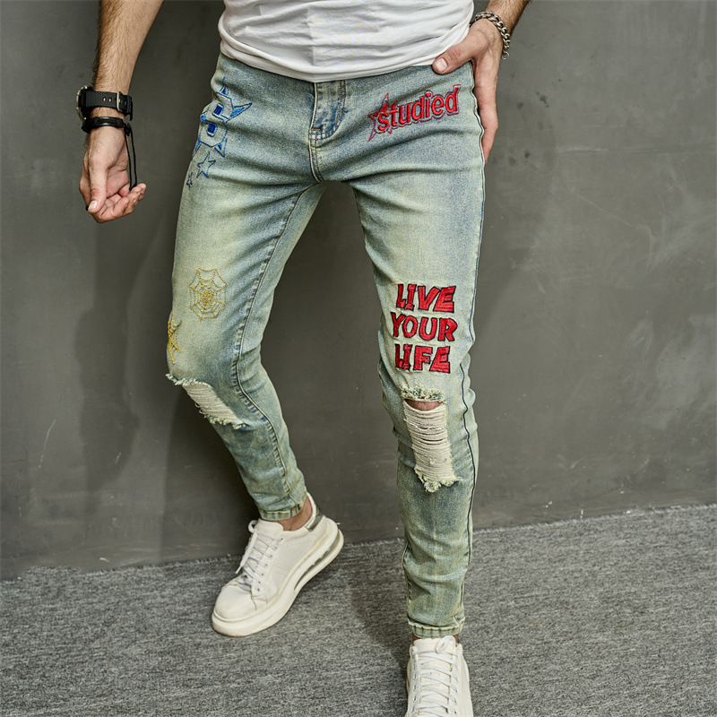 New Autumn Men's Jeans Casual Perforated Letter Slim Fit Small Foot Elastic Pants_voghion.com