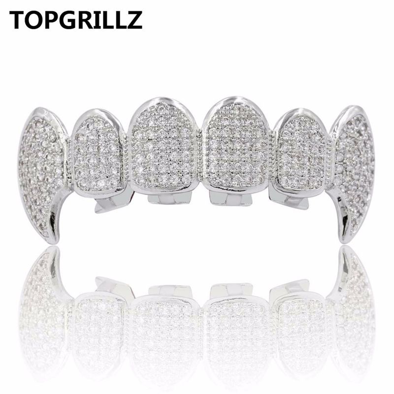 TOPGRILLZ New Fit Silver Plated CZ Micro Pave Top & Bottom GRILL SET Rhodium Teeth Grills Vampire Tooth Grillz_voghion.com