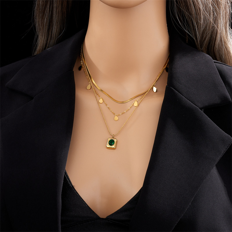 French retro emerald multi-layer titanium steel necklace fashionable popular geometric square teardrop clavicle chain_voghion.com