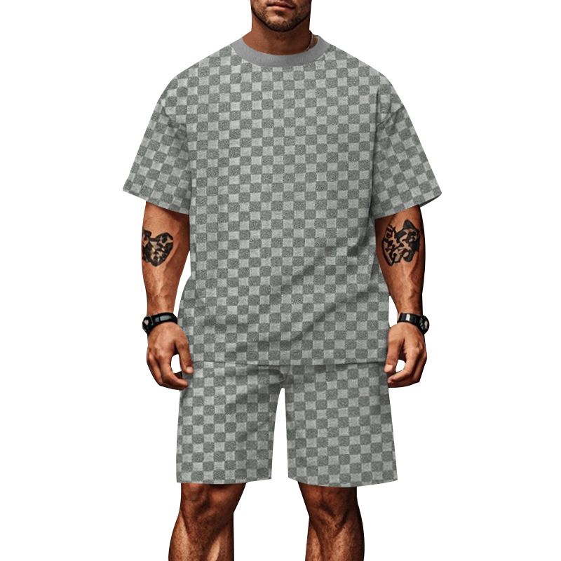 2024 Men's Summer New Jacquard Plaid Short Sleeved T-shirt Loose Oversized Straight Leg Casual Shorts Set_voghion.com